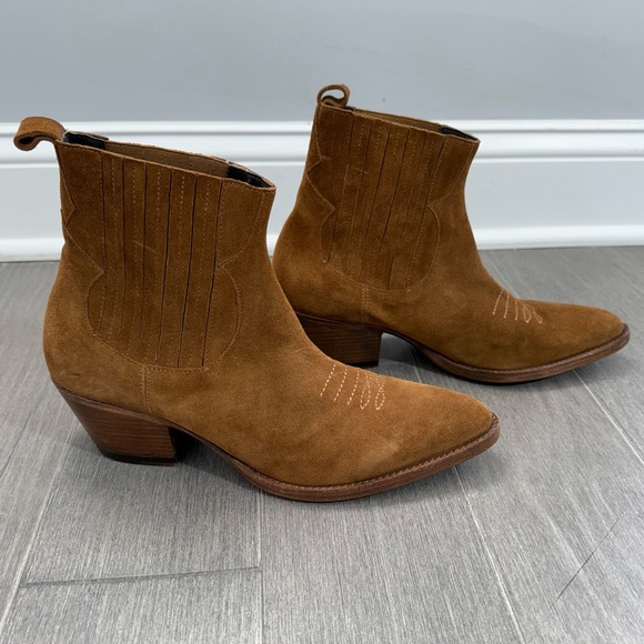 MAJE Farwest Suede Cowboy Boots Size 41 10.5 Tan Camel 70s Western Ankle Booties - Picture 10 of 16